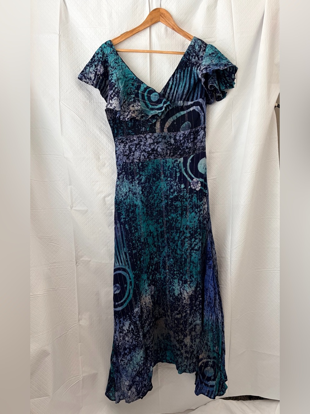 Vintage The Ladymaker whimsical V-Neck Teal & Navy Patterned Maxi Dress
